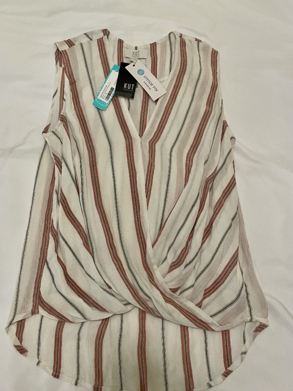 Kut from the Kloth Becky Surplice Woven Top White with Stripes Medium